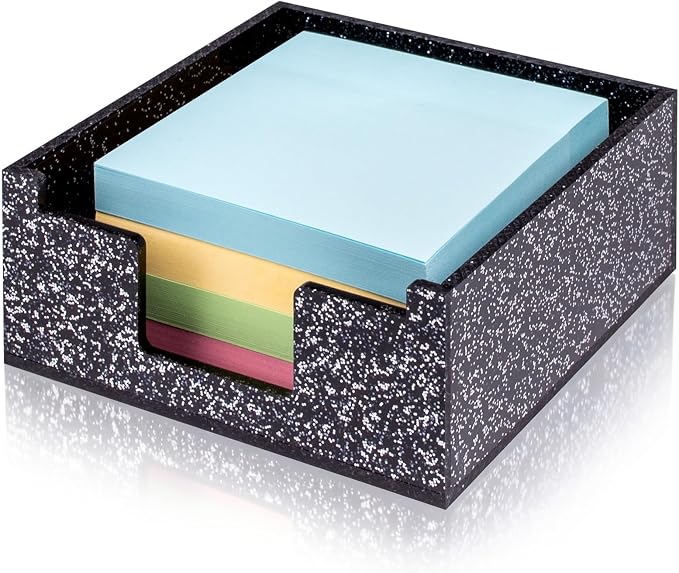 Acrylic Sticky Note Holder 4x4in Tray for Desk, Black Glitter | Sparkling glitter acrylic tray, fits 3x3 sticky notes, compact organizer for office school and home