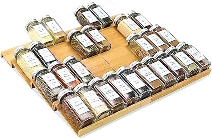 Spice Drawer Organzier,4 Tiers- 8Pcs Bamboo Spice Rack Tray Insert for Cabinet Drawer Countertop, Kitchen Seasoning Storage Drawer Organization,18" Wide x 15.8" Deep （Hold UP To 40 Jars