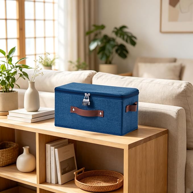 2PCS Storage Bins Box with Zipper Lid Combination Lock PU Leather Handles Cotton Linen Fabric Lockable Basket DVD CD Case Foldable Closet Shelf Organizer Container (Deep Blue, 13"x 6"x 6")