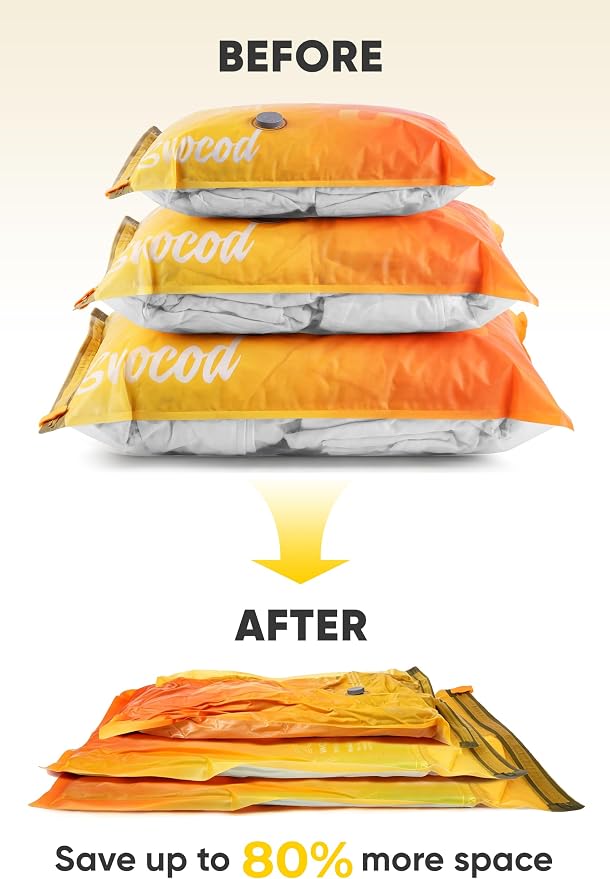 Travel Vacuum Bags with Pump, 15 Pack Vacuum Storage Bags for Clothing, Brushless Motor Type-C Rechargeable Pump, Compression Packing Bags for Travel, Suitcase, Closet and Home Storage, Yellow