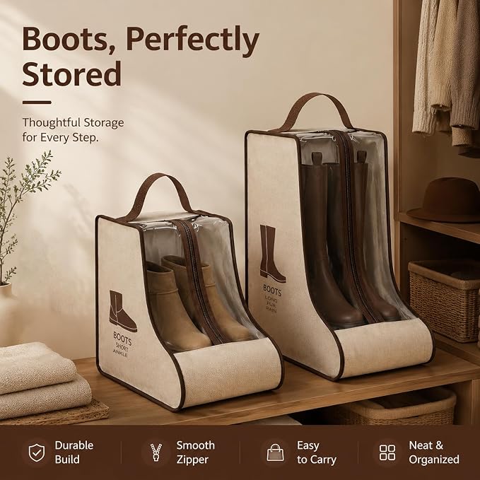 Boot Storage Bag Organizer,Dustproof Boot Bags for Cowboy Boots,Portable Travel Shoe Protector Bags,Tall Boot Covers Storage Organizer for Packing (2 Short + 2 Long Beige Widened)