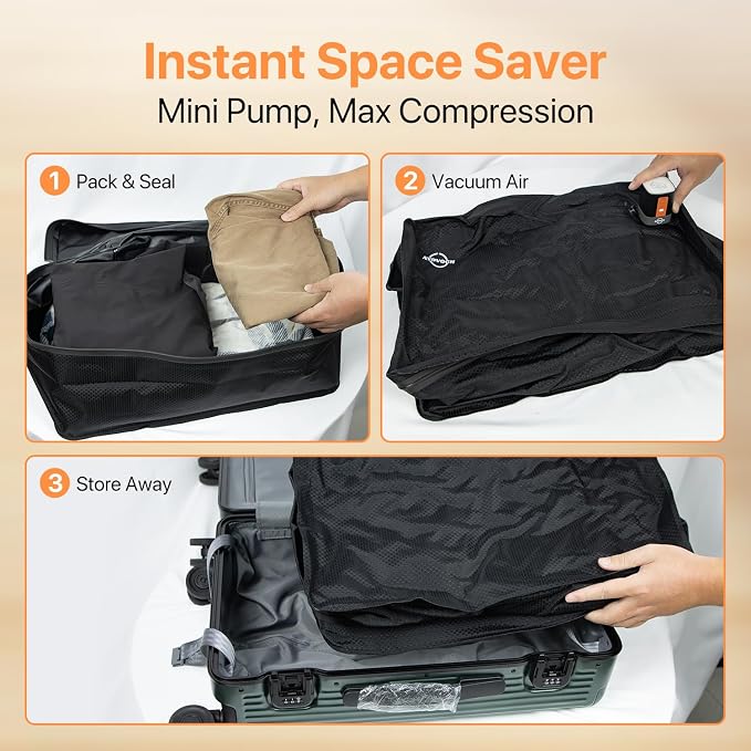 Vacuum Travel Bag for Luggage with Wireless Pump 35L, 180° Open Zipper, IP68 Waterproof, Reusable Compression Bags for travel to Save Space, Fits 20-28in Suitcase, Backpack, Cloth (2PC + Pump) | 35L, Wireless Pump, 180° Open Zipper, IP68 Waterproof, Re...
