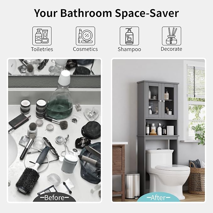 Shintenchi Over the Toilet Storage Cabinet, Bathroom Shelf Organizer with Anti-Tip Device Small Freestanding Space Saver with Adjustable Shelf and Glass Door, Gray