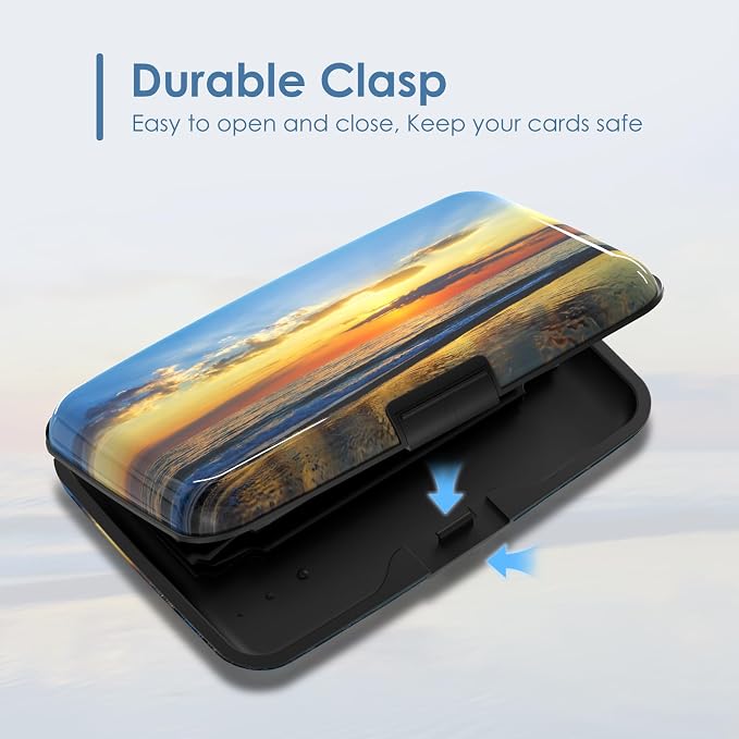 Credit Cards Holder, RFID Blocking Aluminum Wallet Slim Metal Hard Case Mini Travel Wallet ID Case for Women Men, Seaside Sunset