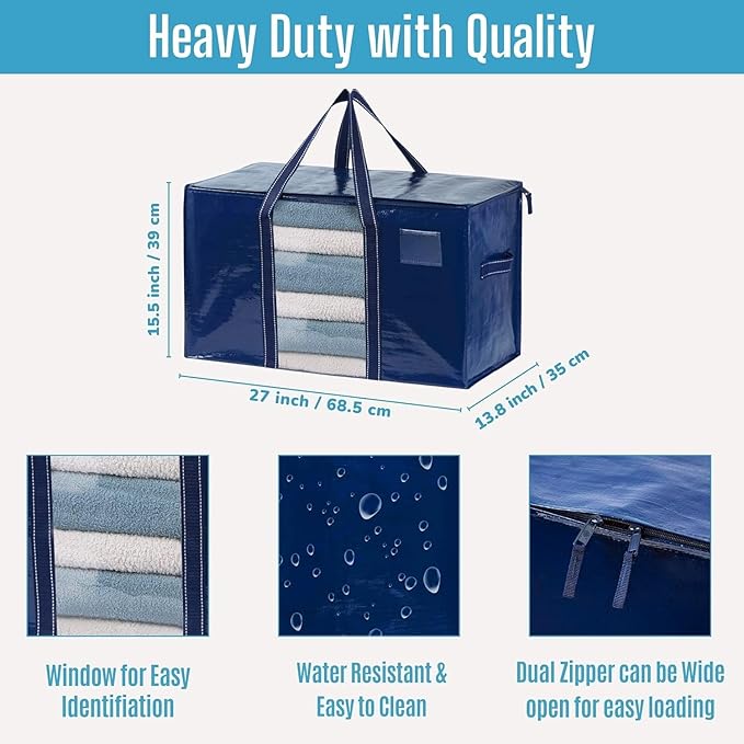 VENO 2 Pack Moving Bags with Clear Window, Heavy Duty Storage Bins with Lid, Around Handles, Tag, Zippers, Extra Large Totes Packing Moving Boxes Supplies for College Dorm Clothes (Blue, 2 Packs)