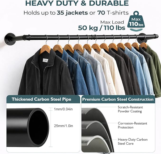 Svyrilk 2 Pack 38.4" Industrial Pipe Clothes Rack | Wall Mounted Heavy Duty Iron Hanging Rod for Closet Storage, Laundry Room, Bedroom, Black