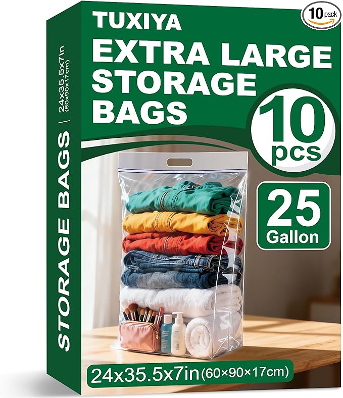 10 PACK 25 Gallon Extra Large Storage Bags, 35.5"x 24"x 7" Resealable Clear Zipper Bags with Handle, Heavy Duty Big Bag for Clothes Pillow Travel Moving, Expandable Bottom, 8 Mil Thick