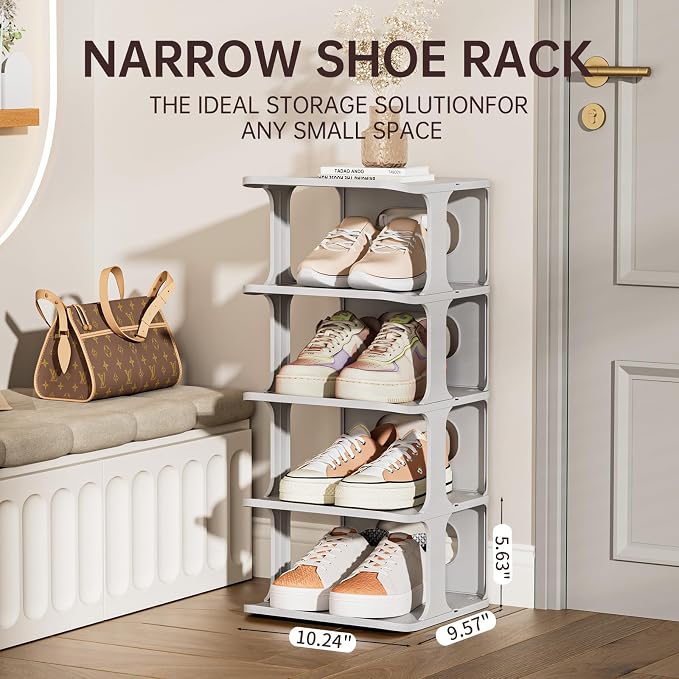 HAIXIN Small Shoe Rack for Closet Grey 5-Tier Shoe Organizer | Compact Size for Tight Spaces, Entryways, Under Bed, Stackable & Expandable, for Smaller Shoes, Easy Assembly, Sturdy Plastic
