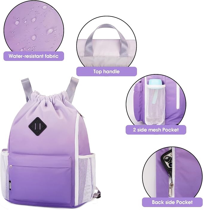 WANDF Drawstring Backpack with Shoe Compartment, Sports Gym Bag | Multi-Pocket Storage, Water-Resistant Fabric, Cinch String Bag