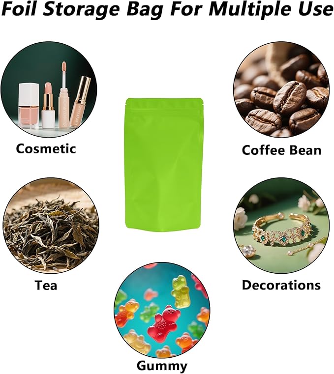 100PCS Smell Proof Resealable Pouch Bags,ULIFESTAR Aluminum Foil Flat Food Storage Bag,Sealable Pcsaging Zipper Pouches with Tear Notches for Pcsaging Lipgloss,Jewelry,etc(12*20cm/4.72*7.87",Green)