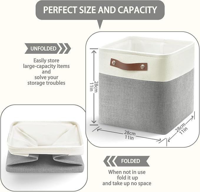 Patvingot Fabric Storage Cubes 11", 6 Pack, with PU Pull Handles,Foldable | For accessories on cube shelves or in closets; reinforced opening, pull-out access, folds flat when empty,white and gray