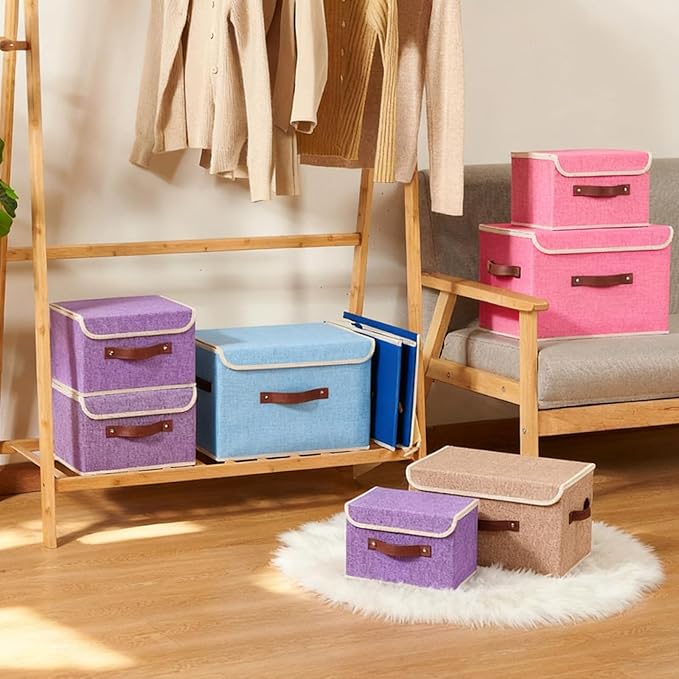 2PCS Storage Boxes with Lid Cotton Linen Fabric Storage Bins Organizer Container Decorative Collapsible Washable Shelf Closet Baskets Faux Leather Handles Home Bedroom (Purple, Small)