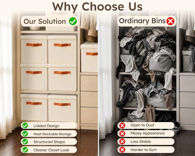 Homsorout Storage Bins with Lids - Large Fabric Closet Bins with Lid, 5 Pack Clothes Organizers and Storage, Collapsible Stackable Cube Basket for Home, Office, Dorm, Beige