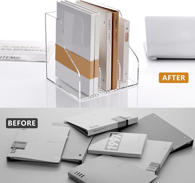 SANRUI Acrylic File Organizer, Clear Magazine File Holder with 3 Vertical Compartments, Desk Organizer for Home School Office Organization, Desk Bookshelf