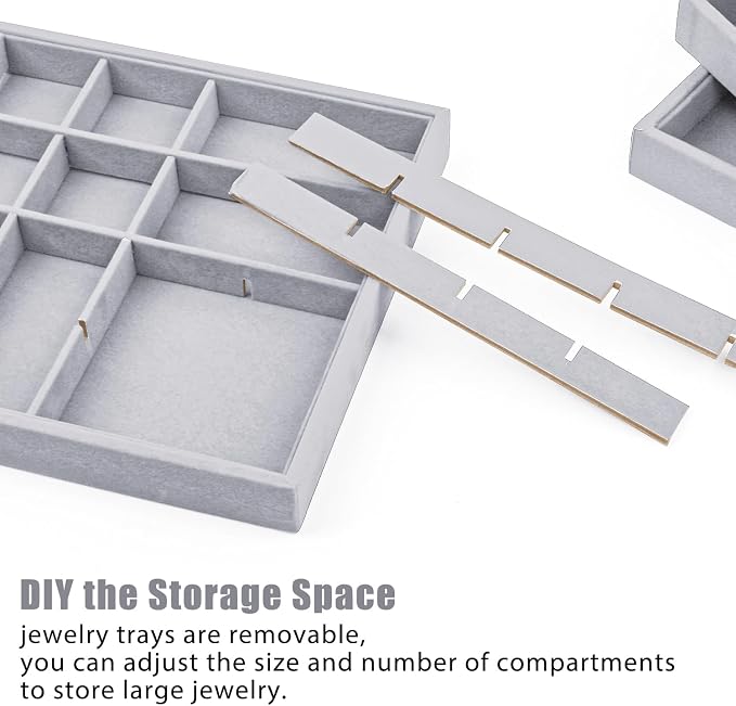 Lainrrew Jewelry Tray, 4 Pack Jewelry Organizer Velvet Jewelry Tray Stackable Jewelry Trays, Necklace & Earring Holder, Divided Bracelet & Ring Storage, 13.8"x9.5"x1.2" - Elegant Display Case (Gray)