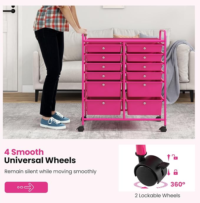 BECOMFORT 12-Drawer Rolling Cart with Drawers, Storage Cart on Wheels, Teacher Classroom Organizers with Metal Frame, Mobile Craft Cart, Trolley Utility Cart for School Office Play Room