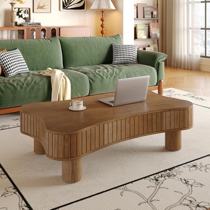 Lift Top Coffee Table with Hidden Storage Fluted Panel Silent Hydraulic Lift Curved Corners (Walnut)