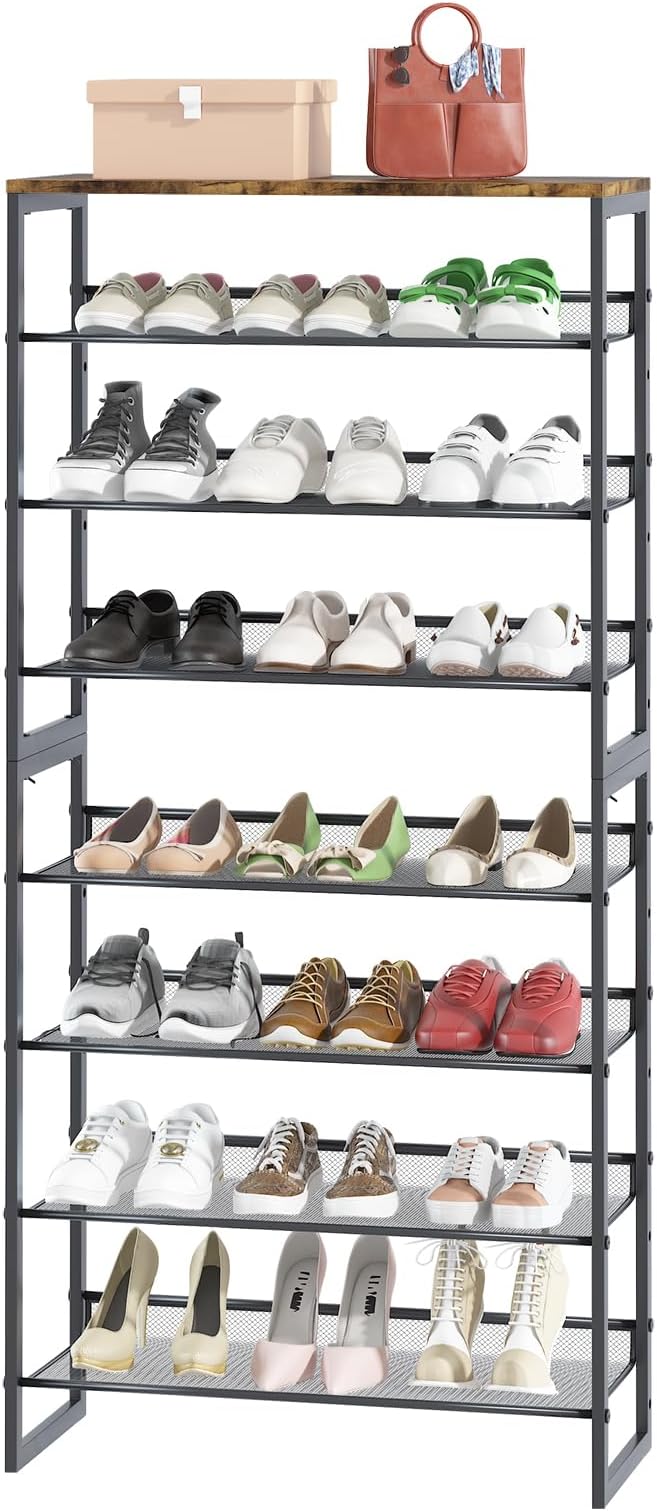 Garden 4 you Shoe Rack 8 Tiers Shoe Storage Organizer,Large Capacity Storage Rack with Brown Wooden Tabletop,Adjustable Metal Shelf Stackable Shoe Shelf for Entryway Hallway Living Room Closet