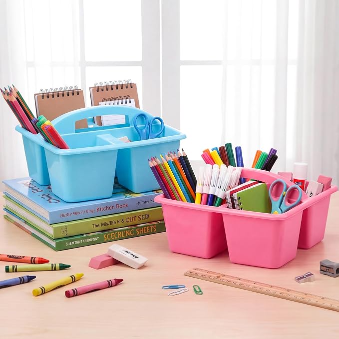 AceOrbit 4 Pack Pastel Pink and Blue Classroom Table Caddy with Handle 9x9x5'' Plastic Small Desk Caddy for Classroom Group with 3 Compartments School Supply Caddies for Teacher Office Organizer