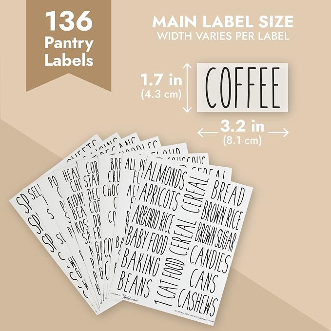 Talented Kitchen Kitchen Adhesive Labels - Waterproof Labels for Storage Bins - Pantry & Jar Stickers for Spices - Pack of 136, 2 x 3 in, Black Text on Clear Vinyl