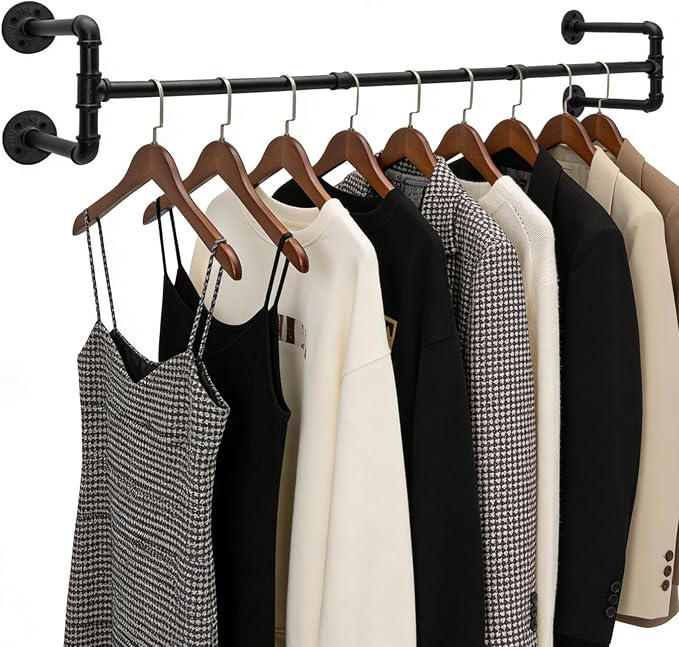Industrial Pipe Clothing Rack, 53.1 Inch Wall Mounted Clothes Rack, Space-Saving Detachable Heavy Duty Garment Rack for Hanging Clothes, Closet Rod for Laundry Room, 4 Base
