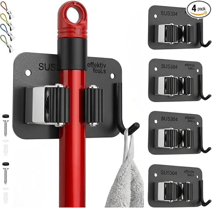 4 Pack Wall Mount Hanger for Brooms & Mops - Heavy Duty Adhesive SUS304 Stainless Steel Broom Holder with 1 Clamp, 1 Hook, & 4 Towel Hangers for Small Nooks & Utility Closet Organization