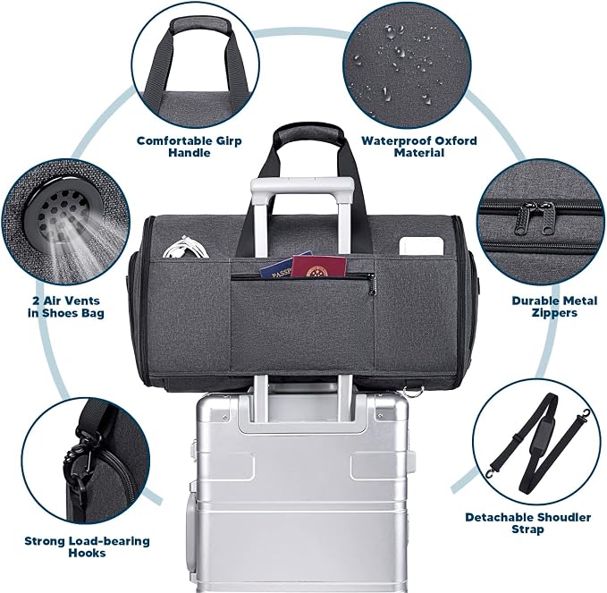 Vessgra Garment Bags for Travel 58L Garment Bags Duffle Bag for Travel Convertible Carry On Garment Duffle Bag 4 in 1 Foldable Suit Bag with Shoes Compartment for Men Women Weekender，Dark Grey