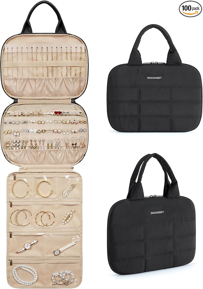BAGSMART Jewelry Travel Case, Hanging Jewelry Organizer with Zipper Pockets, Large Capacity Puffy Jewelry Roll for Earrings, Necklaces, Rings on Closet, Wall, Door, Portable Travel Essentials, Black