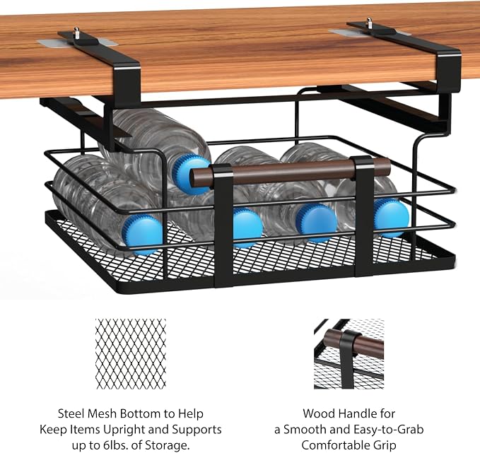 Home Zone Living Pull-Out Kitchen Cabinet Under Shelf Drawer Organizer | Steel Mesh Basket Frame with Wooden Handle, 11" x 11" x 7", Black