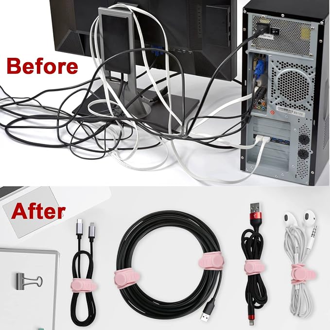 16Pcs Silicone Cable Ties Cord Organizer for Bundling Earphone, Phone Charger, Computer Cords, Reusable Wire Cable Management in Home,Office,Kitchen,School,Travel (Pink)