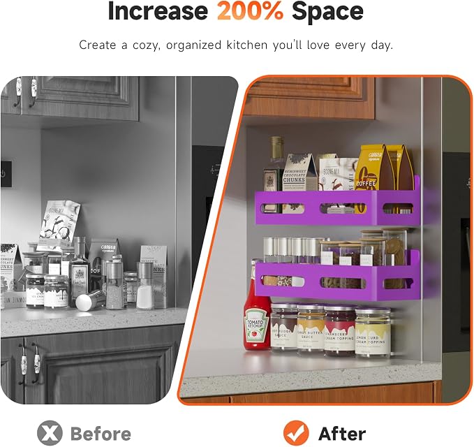 Sevenblue 4-Pack Magnetic Spice Rack for Refrigerator with Hooks, Purple | Strong multipurpose magnetic shelf for kitchen & bathroom organization. Includes 4 removable hooks for hanging items.