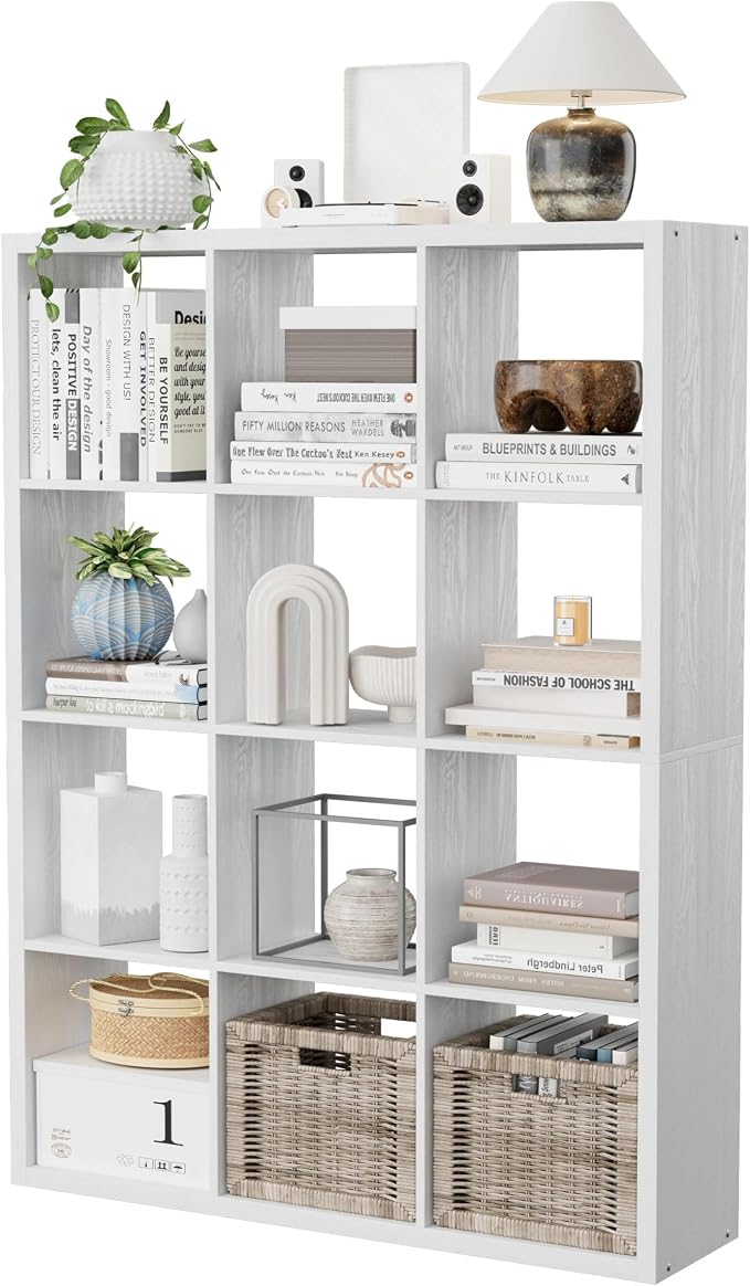 12-Cube Storage Organizer, Wooden Cube Shelf Bookcase with Reinforced Thick Shelves, Heavy-Duty 36.93" L x 9.37" W x 48.82" H, for Living Room Bedroom Home Office, White