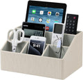 Desk Organizer Caddy with 5 Compartments for Office Art Supplies, PU Leather Nightstand Organizer Pencil Pen Desk Caddy for Home, Desktop TV Remote Control Holder Storage (Linen)