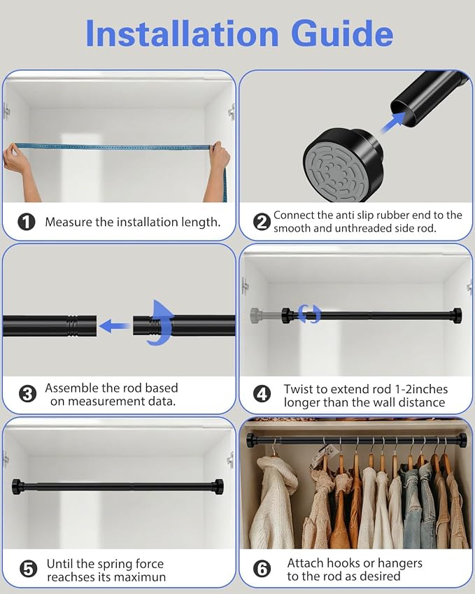 Supforce No Drilling Closet Rods for Hanging Clothes, Non Slip Tension Rod with Heavy Duty Clothes Hanging Rod, 17-84 Inches Adjustable Spring Closet Rod for Closet Wardrobe Bathroom Laundry RV, Black