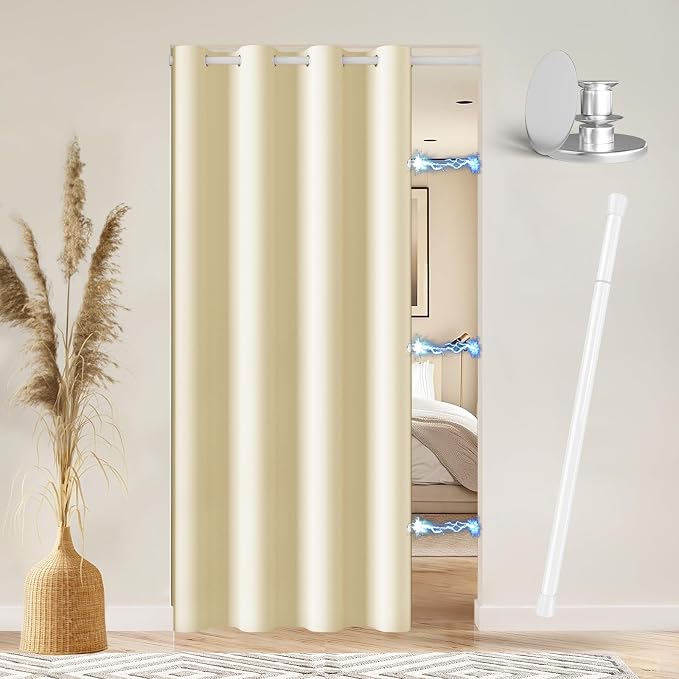 Vatge Magnetic Door Curtain with Rod - W52 x L76, 1 Panel, Light Beige | Door Curtain for Doorways, Room Divider for Kitchen