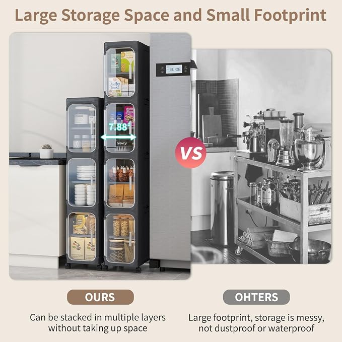 3 Tier Slim Bathroom Storage Cabinet, Foldable and Movable, Black | Tools Free, ABS and PET, Magnetic Clear Door, Adjustable Shelves, Lockable Wheels, Water Resistant, For Narrow Space