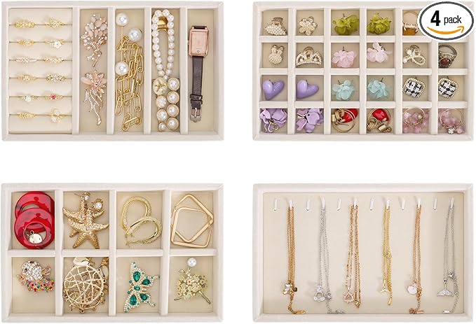 Velvet Jewelry Drawer Storage Tray, Set of 4 Stackable Drawer Organizer, Multifunctional Jewelry Display Organizer, Storage Box for Earrings, Rings, Necklaces, Bracelets, Brooches, Watches