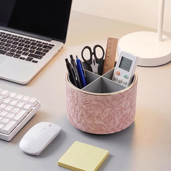 Remote Control Holder, 360°Spinning PU Leather Desk TV Remote Caddy,Desk Storage Box Room Accessories for Controller, Media,Mail,Calculator, Mobile Phone,Pencil(1B-Golden Pink)