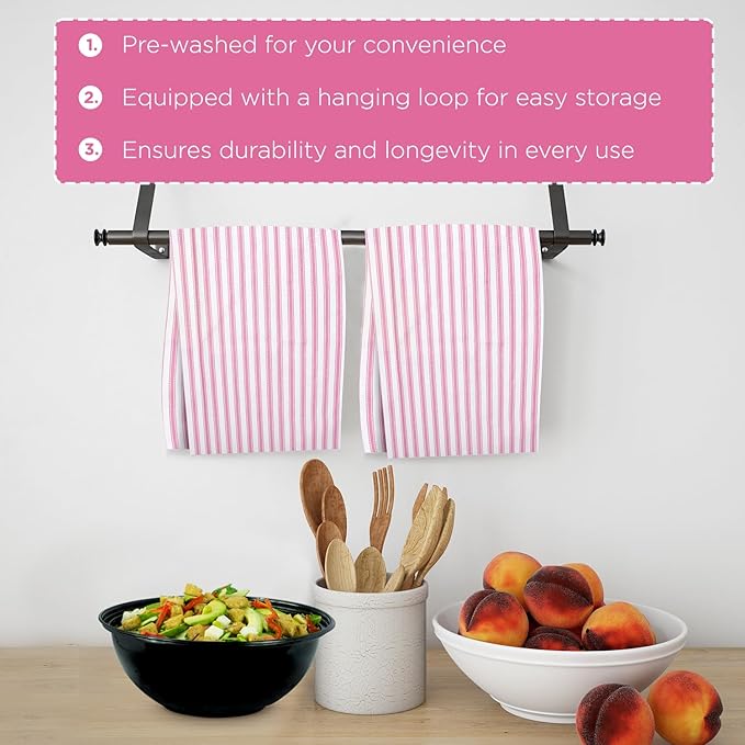 Stripe Kitchen Towels With Hanging Loop - Boho Absorbent Dish Towels Set of 3 - Festive Gift 18x28 Inch Reusable Pantry Decor - Trendy Spring French Pink