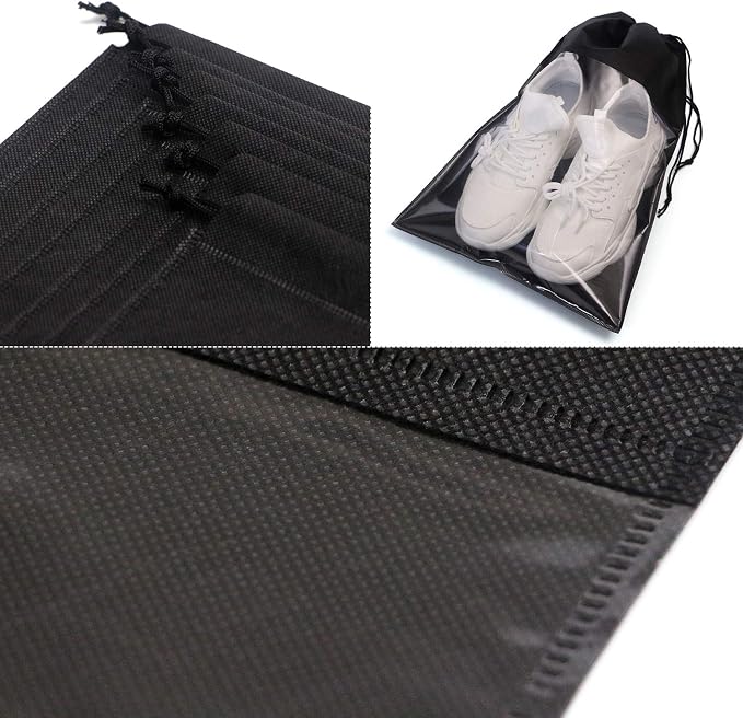 12 Pack Portable Shoe Bags for Travel Large Shoes Pouch Storage Organizer Clear Window with Drawstring for Men and Women Black