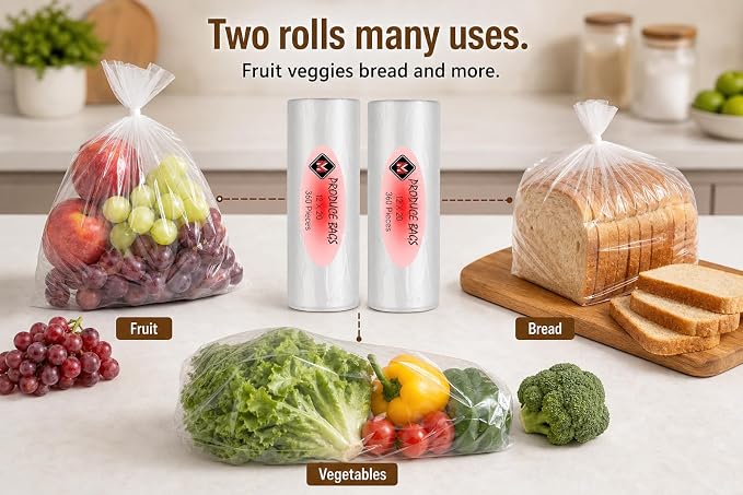 Plastic Produce Bags for Food Storage - 12"x20" Clear Grocery Bag for Fruits, Vegetables, Bread - Easy Peel-Off Design, Continuous Roll, 1.75" Core, Pack of 720 Bags [2 rolls]