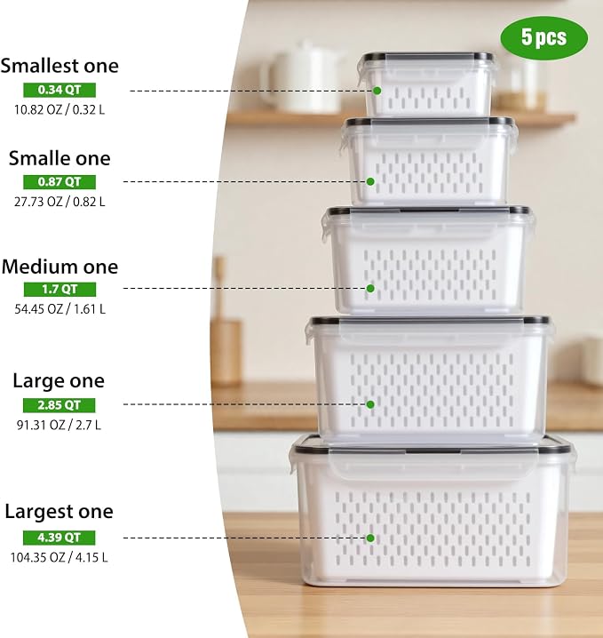 5 PCS Fruit Storage Containers for Fridge, Leakproof Produce Containers | For Fridge with Removable Colander, Microwave/Dishwasher Safe Fruit Washing Bowl Keep Fruits, Vegetables, Berry Fresh longer
