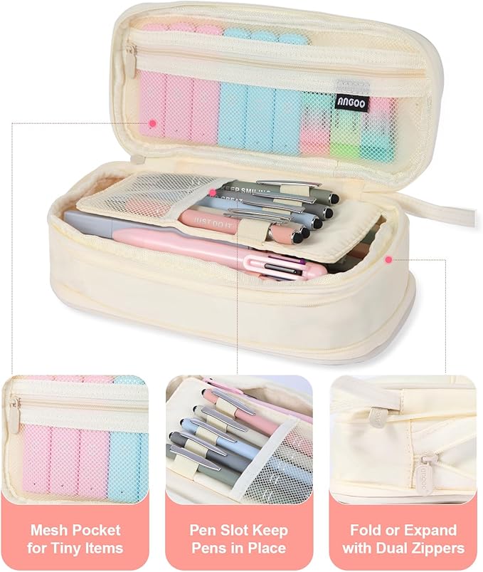 56 PCS Aesthetic School Supplies with Large Pencil Case, 5 Inspirational Ballpoint Pens, 12 Pastel Highlighters, 5 Black Ink Gel Pens, 6 Mechanical Pencils 0.5-0.7mm Student Essentials (Beige)