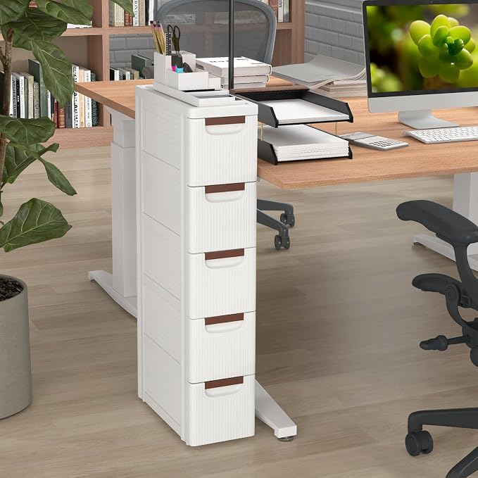 LOKO 5-Drawer Narrow Storage Cabinet, Slim Rolling Cart (7.5"x16.5"x36") | Mobile Plastic Cart Container | Pull Handles & Built-in Wheels | For Living Room, Kitchen, Bathroom, Office