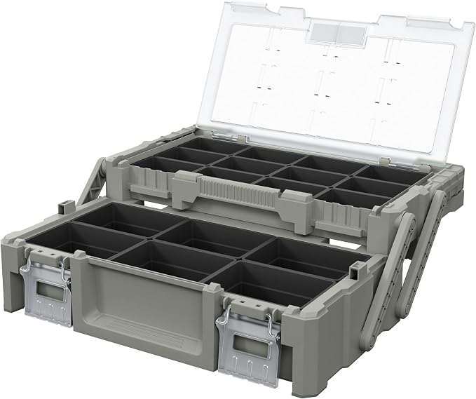 18" Cantilever Tool Box Organizer, Olive Green Heavy-Duty Tool Storage Box with 18 Removable Compartments, Metal Latches, Metal Carry Handle, Clear Lid & Two-Layer Full-Access Design