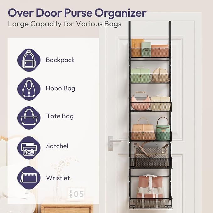 SWTYMIKI Over The Door Purse Organizer - Wall Mounted Purse Rack with 6 Adjustable Metal Basket, Hanging Bag Rack for Handbag Organizer, Bag Storage Can Use As 1/2 Part, for Door