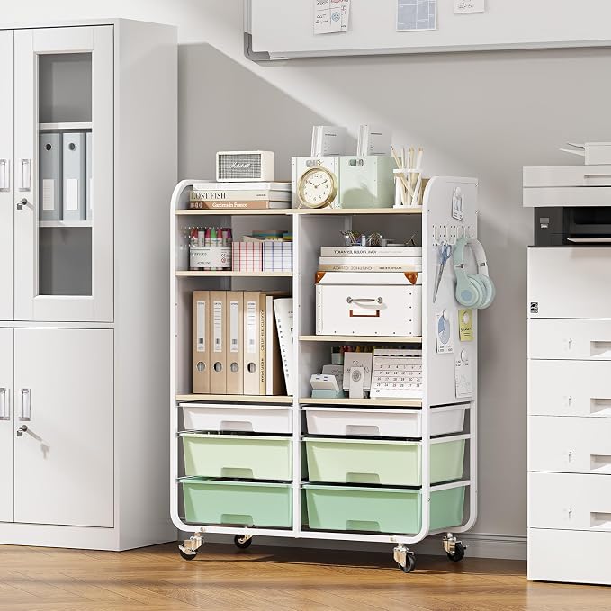 6-Drawer Rolling Storage Cabinet with Wooden Top & Pegboards，Utility Craft Cart with 2 Adjustable Shelves and Lockable Wheels,Mobile Organizer for School Dorm,Classroom,Artroom,Craftroom (Green)