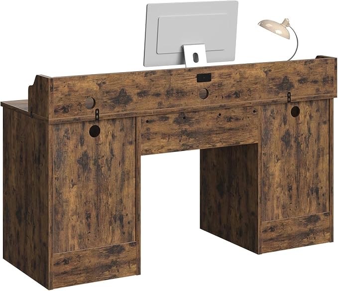 Bestier 59" Executive Desk with Charging Station & Monitor Stand, Brown | Farmhouse Wood Computer Desk with Drawers, Home Office Desk with Keyboard Tray, Sturdy Pedestal Desk for Work Study
