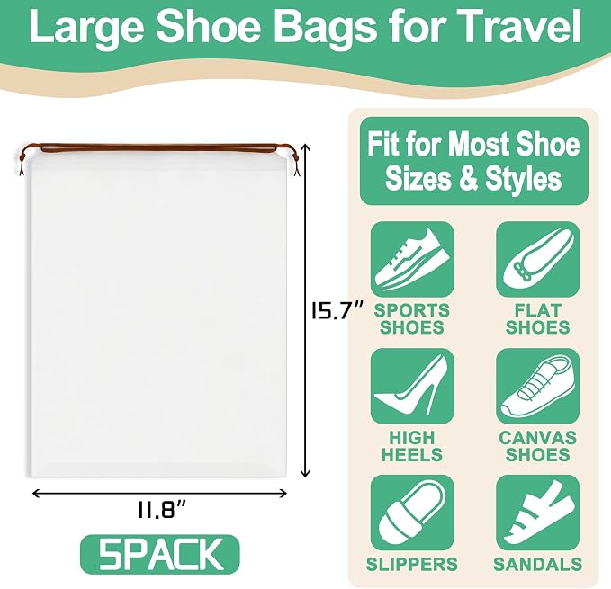 KLASIT Shoe Bags for Travel,Large Waterproof Portable Drawstring Clear Shoe Bags,Travel Essentials for Men and Women,15.7 x 11.8 inches, 5 PACK (Translucent, 5pack)