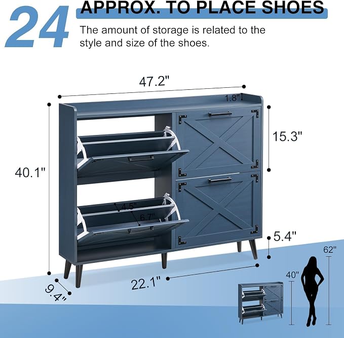 Barnyatoh Shoe Storage Cabinet,Farmhouse Shoe Organizer with 4 Flip Drawers & Barn Door Design,Freestanding Hidden Slim Narrow Shoe Rack Cabinet for Entryway,Foyer,Hallway,Navy Blue